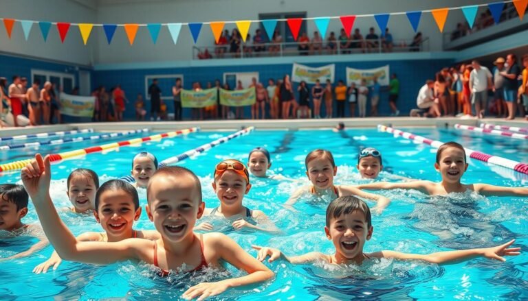 A lively scene at a swimming competition featuring a group of enthusiastic swimming class participants showcasing their techniques in a vibrant pool. In the foreground, various swimmers, all dressed in modest swimming attire, display different strokes—freestyle, butterfly, and backstroke—while smiling and encouraging one another. The middle ground includes coaching staff and cheering teammates holding banners, creating a supportive atmosphere. The background reveals a well-maintained pool area with bright blue water, colorful lane markers, and excited spectators. The lighting is bright and sunny, enhancing the lively mood of the event. The angle captures both the swimmers in action and the excitement of the audience, encapsulating the spirit of camaraderie and passion for swimming.