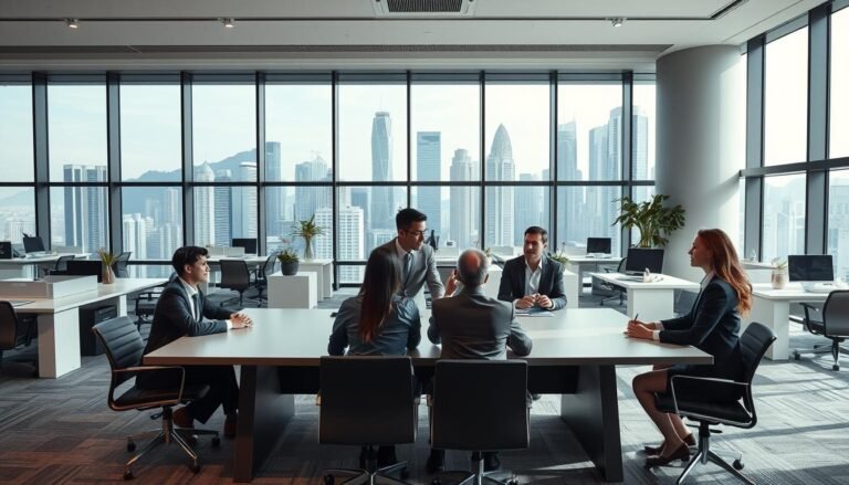 A stylish and modern office space in Central Hong Kong, showcasing a variety of rental options. In the foreground, a sleek conference table with business professionals dressed in smart business attire, engaged in discussion. In the middle ground, various workstations with city views, plants, and decorative elements that emphasize productivity. The background features large windows displaying the iconic Hong Kong skyline, with a bright and airy atmosphere. Soft, natural light filters in, highlighting the contemporary design of the office. The overall mood is professional, inviting, and focused on the concept of business image establishment. Use a wide-angle lens to capture the full expanse of the office space, ensuring a clean and organized look without any distractions or text.
