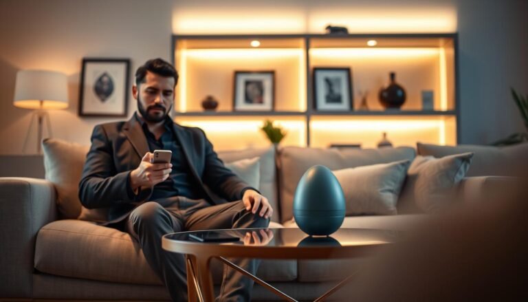 A modern, cozy living room scene that showcases the convenient use of a wireless remote-controlled silent vibrating egg. In the foreground, a stylish, well-dressed individual is comfortably seated on a soft couch, holding a sleek remote control with a focused expression. In the middle, the vibrating egg is placed discreetly on a small, elegant coffee table, surrounded by ambient lighting that enhances the tranquil atmosphere of the space. The background features softly lit shelves with decorative items, creating an inviting and stylish environment. The mood is relaxed and sophisticated, emphasizing the discreet yet innovative nature of the product without being explicit. Use soft, warm lighting to create a serene ambiance and a slight blur effect for depth, focusing on the subject and the vibrating egg.
