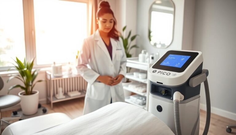 A professional skincare clinic setting, showcasing the Pico treatment preparation process. In the foreground, a dermatologist in a white lab coat, professionally dressed, stands beside a treatment chair, displaying a Pico laser device with a digital control panel. The middle ground features a well-organized medical cart with skincare products and sterile equipment neatly arranged. Soft lighting casts a warm glow, enhancing the clean and modern atmosphere. A large window in the background allows natural light to flood the room, with plants adding a touch of greenery. The angle captures the interactive preparation steps, emphasizing both technology and expertise in addressing stubborn pigmentation issues. The overall mood is calm and reassuring, promoting a sense of professionalism and trust.