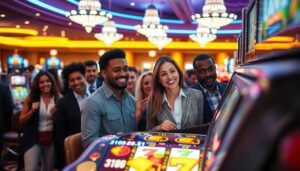 A bustling casino environment featuring the UG Entertainment classic slot machine as the focal point. The foreground showcases the vibrant, colorful design of the slot machine with its spinning reels adorned with fruits, bells, and lucky sevens. In the middle ground, diverse patrons of various ethnicities, dressed in smart casual attire, excitedly engage with the machine, their expressions reflecting anticipation and joy. The background is filled with softly glowing casino lights and other gaming tables, creating a lively yet sophisticated atmosphere. The scene is illuminated with warm, ambient lighting capturing the essence of a thrilling gaming experience. The angle is slightly tilted to give a dynamic perspective, emphasizing the action and excitement surrounding the classic slot machine.