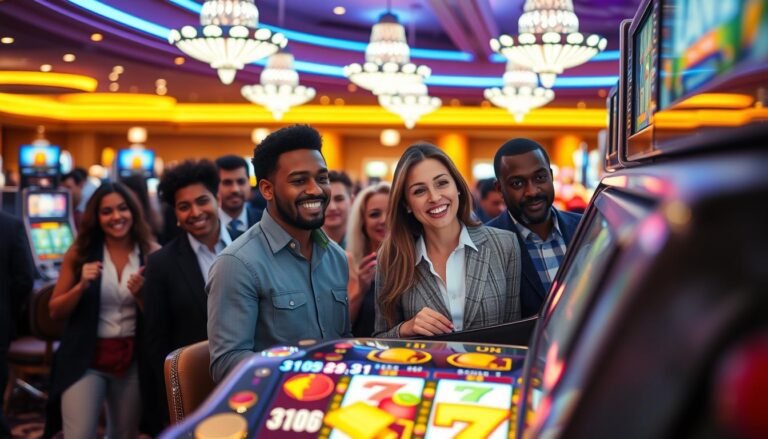 A bustling casino environment featuring the UG Entertainment classic slot machine as the focal point. The foreground showcases the vibrant, colorful design of the slot machine with its spinning reels adorned with fruits, bells, and lucky sevens. In the middle ground, diverse patrons of various ethnicities, dressed in smart casual attire, excitedly engage with the machine, their expressions reflecting anticipation and joy. The background is filled with softly glowing casino lights and other gaming tables, creating a lively yet sophisticated atmosphere. The scene is illuminated with warm, ambient lighting capturing the essence of a thrilling gaming experience. The angle is slightly tilted to give a dynamic perspective, emphasizing the action and excitement surrounding the classic slot machine.