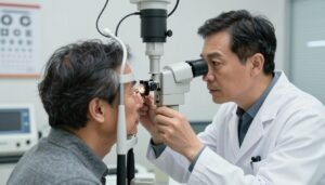 A focused ophthalmologist in a modern clinic setting, wearing a white lab coat and professional attire, is performing an eye examination on a middle-aged patient. The doctor is using a specialized slit lamp to examine the patient's retina, which reflects signs of diabetic retinopathy. The scene is well-lit with soft, professional lighting emphasizing the clinical atmosphere. In the background, eye charts and medical equipment are neatly arranged, creating a sense of organization and professionalism. The patient's expression shows concern and attentiveness as they engage with the doctor. The composition captures a moment of careful diagnosis, highlighting the importance of early detection and treatment of diabetic eye disease. The mood is serious yet compassionate, emphasizing the critical role of eye care specialists.