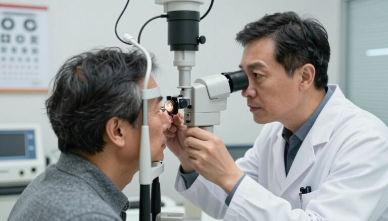 A focused ophthalmologist in a modern clinic setting, wearing a white lab coat and professional attire, is performing an eye examination on a middle-aged patient. The doctor is using a specialized slit lamp to examine the patient's retina, which reflects signs of diabetic retinopathy. The scene is well-lit with soft, professional lighting emphasizing the clinical atmosphere. In the background, eye charts and medical equipment are neatly arranged, creating a sense of organization and professionalism. The patient's expression shows concern and attentiveness as they engage with the doctor. The composition captures a moment of careful diagnosis, highlighting the importance of early detection and treatment of diabetic eye disease. The mood is serious yet compassionate, emphasizing the critical role of eye care specialists.