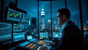 A modern, high-tech financial monitoring room at night, with dimly lit screens displaying high-security data analytics and real-time withdrawal requests. In the foreground, a focused professional in business attire monitors the systems, surrounded by multiple screens showcasing graphs and automated compliance checks. The middle ground features a sleek control panel with glowing buttons, indicating the status of automated withdrawal processes. The background shows a darkened city skyline through large windows, with a sense of urgency and safety in the air. The mood is serious and vigilant, emphasizing the sophisticated risk management system at work. Soft blue and green lighting enhances the technological atmosphere, capturing the essence of security and reliability.