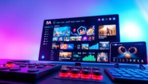 A vibrant and immersive user interface design for a 3A entertainment platform, showcasing intuitive navigation. In the foreground, sleek, modern elements such as stylish buttons and interactive menus are vividly displayed. The middle layer features a dynamic dashboard with colorful graphs and engaging game previews, inviting users to explore. The background is a soft gradient of blue and purple, creating a high-tech, futuristic atmosphere. Lighting is bright and focused on the interface elements, enhancing their appeal. The perspective is slightly angled to give a sense of depth, emphasizing usability and user experience. The overall mood is energetic and engaging, tailored for a contemporary digital entertainment audience, without any text or overlays.