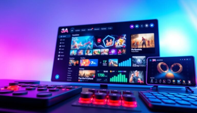 A vibrant and immersive user interface design for a 3A entertainment platform, showcasing intuitive navigation. In the foreground, sleek, modern elements such as stylish buttons and interactive menus are vividly displayed. The middle layer features a dynamic dashboard with colorful graphs and engaging game previews, inviting users to explore. The background is a soft gradient of blue and purple, creating a high-tech, futuristic atmosphere. Lighting is bright and focused on the interface elements, enhancing their appeal. The perspective is slightly angled to give a sense of depth, emphasizing usability and user experience. The overall mood is energetic and engaging, tailored for a contemporary digital entertainment audience, without any text or overlays.