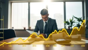 A detailed line graph showcasing the trend of gold prices measured in "一錢" over time, placed prominently in the foreground. The graph should feature distinct rising and falling curves, with varying shades of gold and yellow to symbolize fluctuations. In the middle ground, a serene office environment is depicted, where a professional businessperson in formal attire studies the graph intently, surrounded by financial reports and a calculator. The background features a large window with sunlight streaming in, casting soft shadows and creating a calm atmosphere conducive to strategic financial planning. The mood is focused and analytical, emphasizing the importance of understanding market trends for investment decisions.