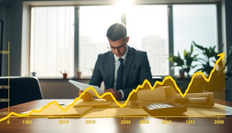 A detailed line graph showcasing the trend of gold prices measured in "一錢" over time, placed prominently in the foreground. The graph should feature distinct rising and falling curves, with varying shades of gold and yellow to symbolize fluctuations. In the middle ground, a serene office environment is depicted, where a professional businessperson in formal attire studies the graph intently, surrounded by financial reports and a calculator. The background features a large window with sunlight streaming in, casting soft shadows and creating a calm atmosphere conducive to strategic financial planning. The mood is focused and analytical, emphasizing the importance of understanding market trends for investment decisions.