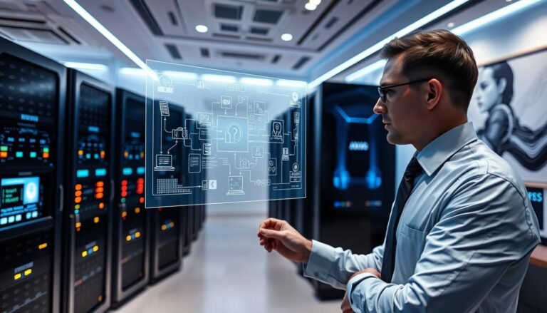 A futuristic network security analysis scene focused on an impressive firewall infrastructure of 3A Entertainment. In the foreground, a professional cybersecurity expert in business attire examines a detailed digital map of the network architecture on a sleek holographic display. In the middle ground, servers with LED lights pulse rhythmically, symbolizing data flow and protection, while screens show real-time security metrics. The background features a modern office environment with abstract tech-themed artwork on the walls, bathed in soft blue lighting to create a high-tech atmosphere. The mood is serious yet innovative, reflecting the importance of safeguarding digital assets. Overall, the image conveys a sense of expertise and commitment to security without any text overlays or distractions.