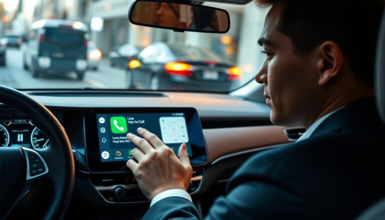 A modern car interior featuring a sleek touchscreen interface displaying the CarPlay interface. In the foreground, a driver in professional attire is calmly interacting with the touch panel, demonstrating the process of answering a Line voice call hands-free. The middle ground captures the dashboard filled with high-tech features, while a soft glow from the screen illuminates the driver's face. The background shows a blurred view of a city street, suggesting movement. Soft, warm lighting enhances the atmosphere, creating a safe and focused environment. The angle is slightly tilted from above the driver's shoulder, emphasizing the CarPlay display while keeping the driver's attention on the road, promoting the feeling of security and convenience.