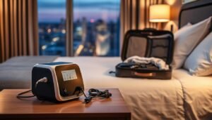 A modern travel setup featuring a sleek, portable sleep apnea machine on a hotel bedside table alongside essential travel items. In the foreground, the machine is elegantly designed, showcasing its compact size and ease of use, with cables neatly organized. The middle ground includes a comfortable hotel bed with neatly arranged pillows, and a suitcase partially open to reveal clothing and travel necessities, emphasizing a sense of convenience. In the background, a softly lit hotel room with minimalistic decor and a window revealing a cityscape outside at dusk. The atmosphere is calm and inviting, suggesting restful travel. The lighting is warm and soothing, emphasizing a homely feel in a travel setting.