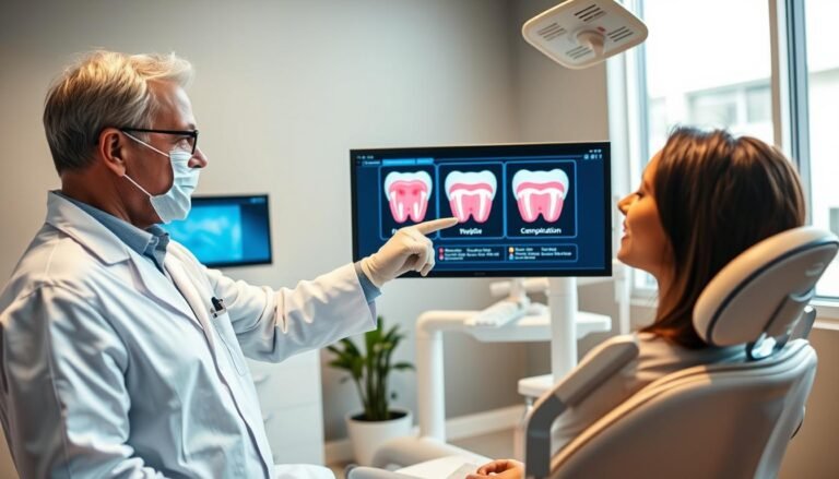 A professional dentist, dressed in a white coat and gloves, is examining a patient in a modern dental clinic. The dentist is pointing to a digital display showing a diagram of gum pigmentation and treatment options. The patient, seated comfortably in a dental chair, looks attentive and engaged. Bright, warm lighting illuminates the clean and sterile environment, highlighting the high-tech dental equipment in the background. The walls are painted in soothing colors, promoting a calm atmosphere. A small potted plant adds a touch of nature. The composition captures a moment of professional guidance and care, emphasizing the dentist's expertise in managing gum health and pigmentation issues. The focus is on the interaction, conveying trust and professionalism.