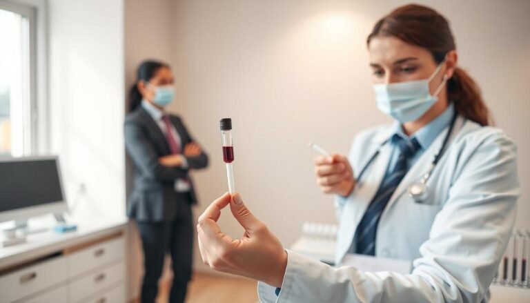 A professional, informative depiction of the rapid testing process for sexually transmitted infections (STIs). In the foreground, a skilled medical technician in business attire is demonstrating the testing procedure using a small blood sample and a mouth swab kit, showcasing their attention to hygiene and professionalism. The middle ground features a well-organized clinical setting, with essential laboratory equipment like test tubes and result charts on a clean table. In the background, soft lighting creates a calm and reassuring atmosphere. The focus is on the importance of privacy and accessibility in STI testing, conveying a sense of trust and care. The color palette is warm and inviting, emphasizing the significance of early detection and patient confidentiality without any text or watermarks.