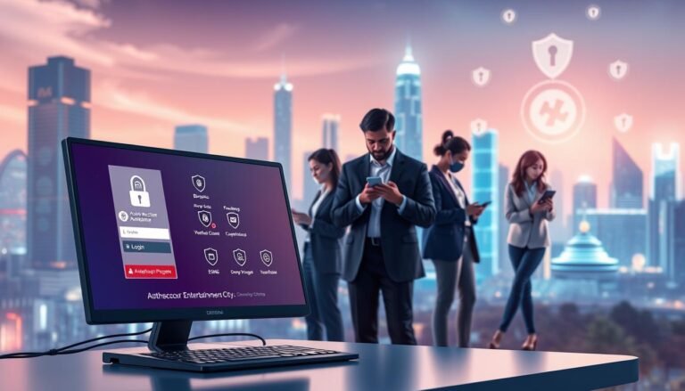 A secure and vibrant digital landscape representing a multi-factor authentication system for 3A Entertainment City. In the foreground, depict a sleek computer desktop displaying a login screen with various authentication options like biometrics, SMS, and email verification icons. In the middle ground, illustrate diverse, professional individuals of different ethnicities engaging with secure devices, showcasing cooperation in account security. The background features a futuristic cityscape, symbolizing safety, with glowing security shields and data encryption symbols. Soft, ambient lighting casts a reassuring glow, creating an atmosphere of trust and security. The angle should be slightly elevated, highlighting the interactive technology, demonstrating the importance of user vigilance in online safety.
