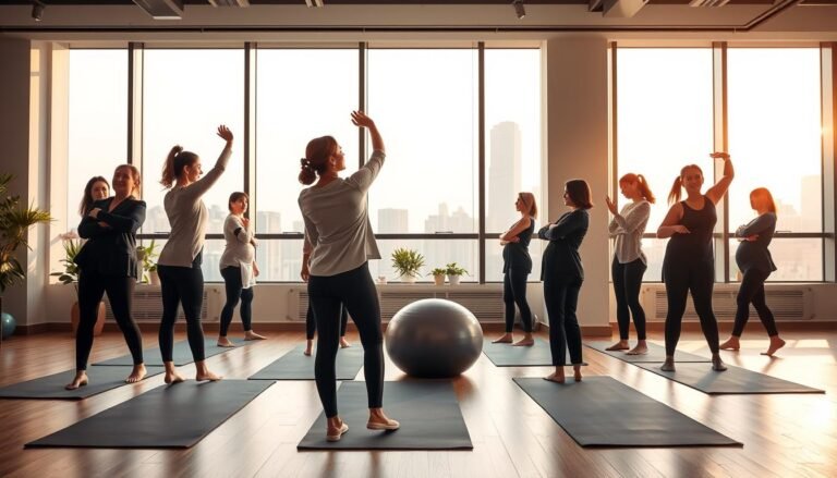 A serene and inspiring scene set in a well-lit modern fitness studio in Hong Kong, featuring a diverse group of women in professional business attire, engaged in postnatal recovery exercises. The foreground showcases a woman demonstrating gentle stretching while others follow her lead, all focusing on proper posture to alleviate back pain. In the middle, there are yoga mats and stability balls, creating a supportive environment. The background includes large windows with a view of Hong Kong’s skyline, bathed in warm, natural light. The atmosphere is calm yet energetic, reflecting empowerment and community in health. The lens should capture the scene from a slight angle to emphasize both the individuals and the inspiring environment.