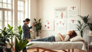 A serene and professional setting representing a scientific approach to breast enhancement. In the foreground, an elegant room filled with plants and natural light filtering through large windows. A knowledgeable practitioner in professional attire, standing beside a comfortable treatment table, is demonstrating a gentle acupressure technique to a patient dressed in modest casual clothing. In the middle, a calendar highlights the follicular phase of the menstrual cycle, visually connected to the treatment process. The background features anatomical diagrams and infographics symbolizing hormonal balance and body wellness. The mood should convey a sense of calm and empowerment, emphasizing the importance of timing in holistic health practices. Warm, soft lighting enhances the inviting atmosphere, focusing on the connection between natural cycles and wellness treatments.