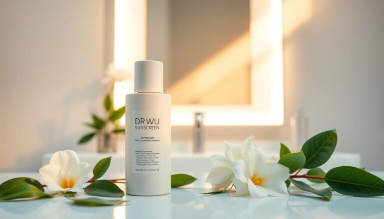 A beautifully arranged product display featuring DR.WU sunscreen in an elegant, minimalistic bathroom setting. The foreground showcases a bottle of DR.WU sunscreen with a sleek design, highlighting its lightweight and non-comedogenic formula. Surrounding the bottle are fresh, natural elements like green leaves and soft white flowers, conveying a sense of purity and tranquility. In the middle background, a softly lit mirror reflects the product, enhancing its appeal and drawing the viewer's attention. The lighting is gentle and warm, creating a calming atmosphere, with a focus on soft shadows that add depth to the scene. The setting suggests a skincare routine, promoting the idea of healthy skin and protection from the sun, ideal for acne-prone skin without any text, ensuring an elegant and aesthetic presentation.