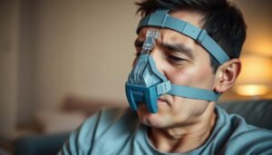 A close-up view of a person wearing a sleep apnea mask, focusing on the facial pressure points where the mask makes contact with the skin. The individual is wearing modest casual clothing, sitting in a softly lit room, with gentle, warm overhead lighting creating a calming atmosphere. The background is slightly blurred to emphasize the mask and the person's expression, which conveys both discomfort and concern. The camera angle is slightly tilted to capture the details of the mask's straps and how they press into the skin, illustrating the physical impact of prolonged use. Subtle shadows enhance the depth of the image, adding a sense of seriousness to the subject of facial pressure effects from using a sleep breathing device.