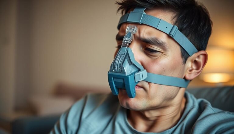 A close-up view of a person wearing a sleep apnea mask, focusing on the facial pressure points where the mask makes contact with the skin. The individual is wearing modest casual clothing, sitting in a softly lit room, with gentle, warm overhead lighting creating a calming atmosphere. The background is slightly blurred to emphasize the mask and the person's expression, which conveys both discomfort and concern. The camera angle is slightly tilted to capture the details of the mask's straps and how they press into the skin, illustrating the physical impact of prolonged use. Subtle shadows enhance the depth of the image, adding a sense of seriousness to the subject of facial pressure effects from using a sleep breathing device.