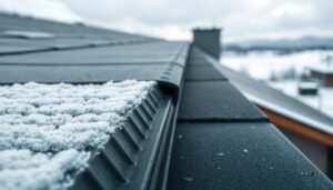 A close-up view of flat roofing sheets, showcasing their textured surfaces and various materials such as metal and synthetic composites. In the foreground, focus on the edges of the sheets, highlighting grooves designed to channel water. In the middle ground, display a section of a flat roof partially covered in snow, illustrating winter conditions, with a frost-covered edge contrasting with the dark roofing material. The background consists of a cloudy winter sky, hinting at an approaching snowstorm. Use diffused, soft lighting to create a cool, serene atmosphere, with a shallow depth of field that emphasizes the roofing sheets while gently blurring the background, providing a sense of depth and perspective.