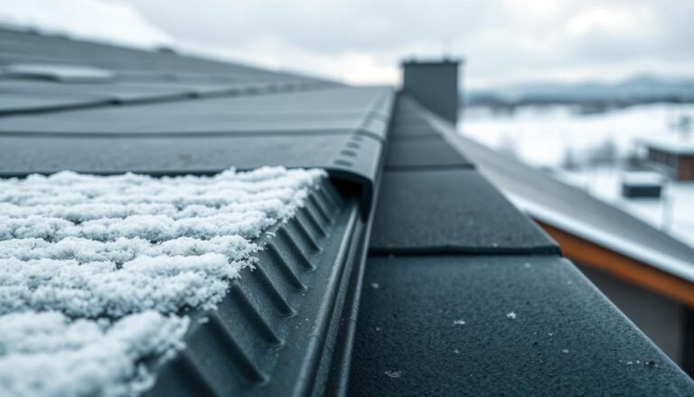A close-up view of flat roofing sheets, showcasing their textured surfaces and various materials such as metal and synthetic composites. In the foreground, focus on the edges of the sheets, highlighting grooves designed to channel water. In the middle ground, display a section of a flat roof partially covered in snow, illustrating winter conditions, with a frost-covered edge contrasting with the dark roofing material. The background consists of a cloudy winter sky, hinting at an approaching snowstorm. Use diffused, soft lighting to create a cool, serene atmosphere, with a shallow depth of field that emphasizes the roofing sheets while gently blurring the background, providing a sense of depth and perspective.