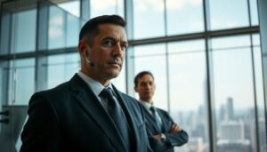 A highly trained private bodyguard, dressed in a sharp black suit with an earpiece, stands protectively in front of a multinational executive in a sleek office environment. The foreground features the bodyguard, showcasing a focused, alert expression, while the executive, dressed in formal business attire, appears confident yet composed. In the middle ground, an open city skyline is visible through floor-to-ceiling glass windows, suggesting a high-stakes business atmosphere. Soft, natural lighting filters into the room, casting professional shadows. The mood conveys vigilance and security, reflecting the crucial role of private protection in corporate settings. The composition is captured from a slight low angle, emphasizing the stature of both the bodyguard and the executive.