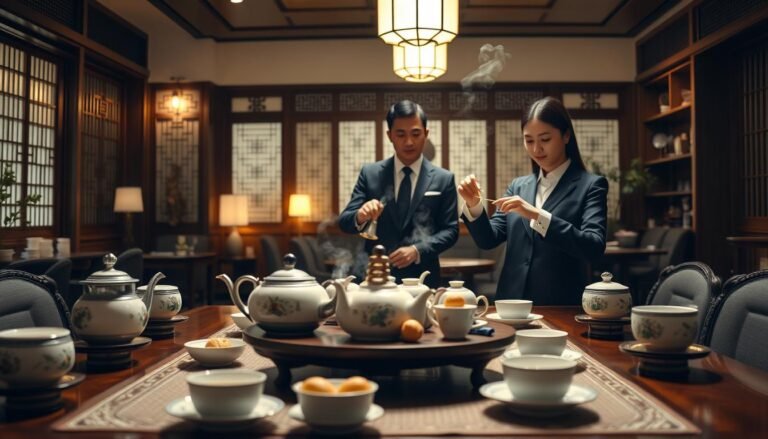 A serene and elegant tea service scene reflecting the "台中定點茶流程". In the foreground, a beautifully arranged tea table featuring traditional Taiwanese tea sets with intricate designs, steaming tea pots, delicate cups, and a selection of pastries. The middle layer showcases a professionally dressed male and female servers, both in smart business attire, demonstrating the art of tea pouring with graceful movements. In the background, a cozy tearoom adorned with soft lighting, wooden decor, and traditional Taiwanese elements, creating an inviting atmosphere. The scene conveys a warm, cinematic feel, emphasizing the intimate moments shared during a tea ceremony, ideal for illustrating a high-quality, refined tea service experience. 4:3 aspect ratio.