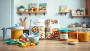 A brightly lit kitchen scene featuring a variety of baby food preparation tools and accessories recommended for American buyers. In the foreground, showcase colorful silicone feeding spoons, a baby food mill, and jars of organic puree, neatly arranged on a wooden countertop. In the middle, include an attractive cookbook with vibrant images of baby food recipes, partially opened to a page about healthy meals for infants. In the background, softly blurred, display a wall with small shelves holding baby food storage containers and cookbooks, enhancing the inviting atmosphere. The mood is warm and family-oriented, ideal for new parents exploring feeding options. Use natural light to create a cheerful ambiance, and consider a slight overhead angle to capture the arrangements effectively.