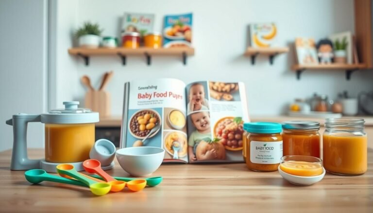A brightly lit kitchen scene featuring a variety of baby food preparation tools and accessories recommended for American buyers. In the foreground, showcase colorful silicone feeding spoons, a baby food mill, and jars of organic puree, neatly arranged on a wooden countertop. In the middle, include an attractive cookbook with vibrant images of baby food recipes, partially opened to a page about healthy meals for infants. In the background, softly blurred, display a wall with small shelves holding baby food storage containers and cookbooks, enhancing the inviting atmosphere. The mood is warm and family-oriented, ideal for new parents exploring feeding options. Use natural light to create a cheerful ambiance, and consider a slight overhead angle to capture the arrangements effectively.