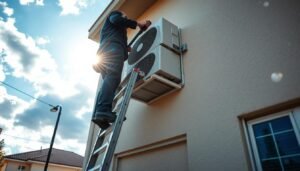 A professional technician in business attire is installing a split-type air conditioner on a residential building's wall, post-storm. The foreground shows the technician carefully balancing on a sturdy ladder, tools in hand, with a focus on their precise movements. In the middle ground, the recently mounted outdoor unit is visible, glistening with raindrops, while in the background, the sky is clearing, revealing hints of sunlight breaking through the clouds. The atmosphere reflects a sense of resilience and determination after harsh weather, with puddles on the ground reflecting the blue sky. The lighting is natural, bright yet soft, capturing the transition from stormy to clear conditions, emphasizing the urgency and professionalism of the installation process.