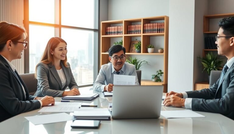 A professional business meeting taking place in a modern Hong Kong office, showcasing the advantages of company registration services. In the foreground, focus on a diverse group of well-dressed professionals, including a Caucasian woman and an Asian man, discussing documents at a conference table covered with paperwork and a laptop. The middle ground features a large window displaying a panoramic view of the Hong Kong skyline, bathed in natural daylight, suggesting a vibrant business atmosphere. In the background, include shelves with legal books and plants to create a warm yet professional environment. The overall mood is collaborative and optimistic, emphasizing the importance of choosing the right approach for a first-time company formation in Hong Kong.