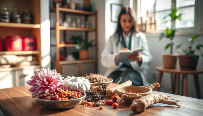 A serene and inviting scene featuring a cozy Chinese medicine consultation room. In the foreground, a wooden table is adorned with a variety of herbs used in traditional Chinese medicine, such as chrysanthemum, goji berries, and licorice root, artfully arranged. The middle ground showcases a professional Chinese medicine practitioner in modest casual clothing, demonstrating a calm demeanor while examining dietary materials. In the background, shelves filled with traditional herbal jars and a potted plant add warmth to the atmosphere. Soft, natural lighting filters through a window, casting gentle shadows and highlighting the textures of the herbs. The overall mood is focused on health and wellness, emphasizing the importance of dietary adjustments in managing rosacea.